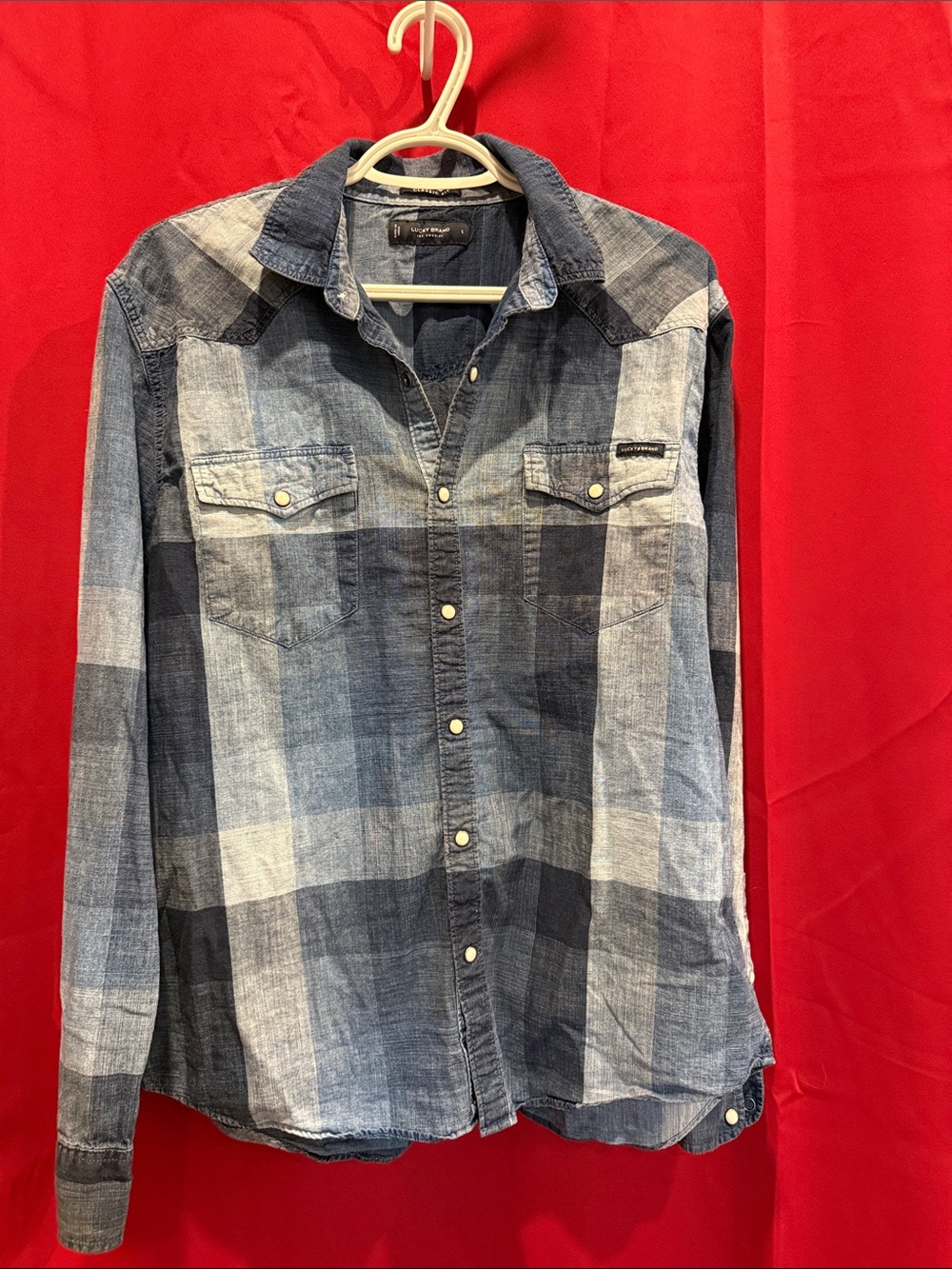 Lucky Brand Men's Blue Plaid Denim Button-Down Shirt